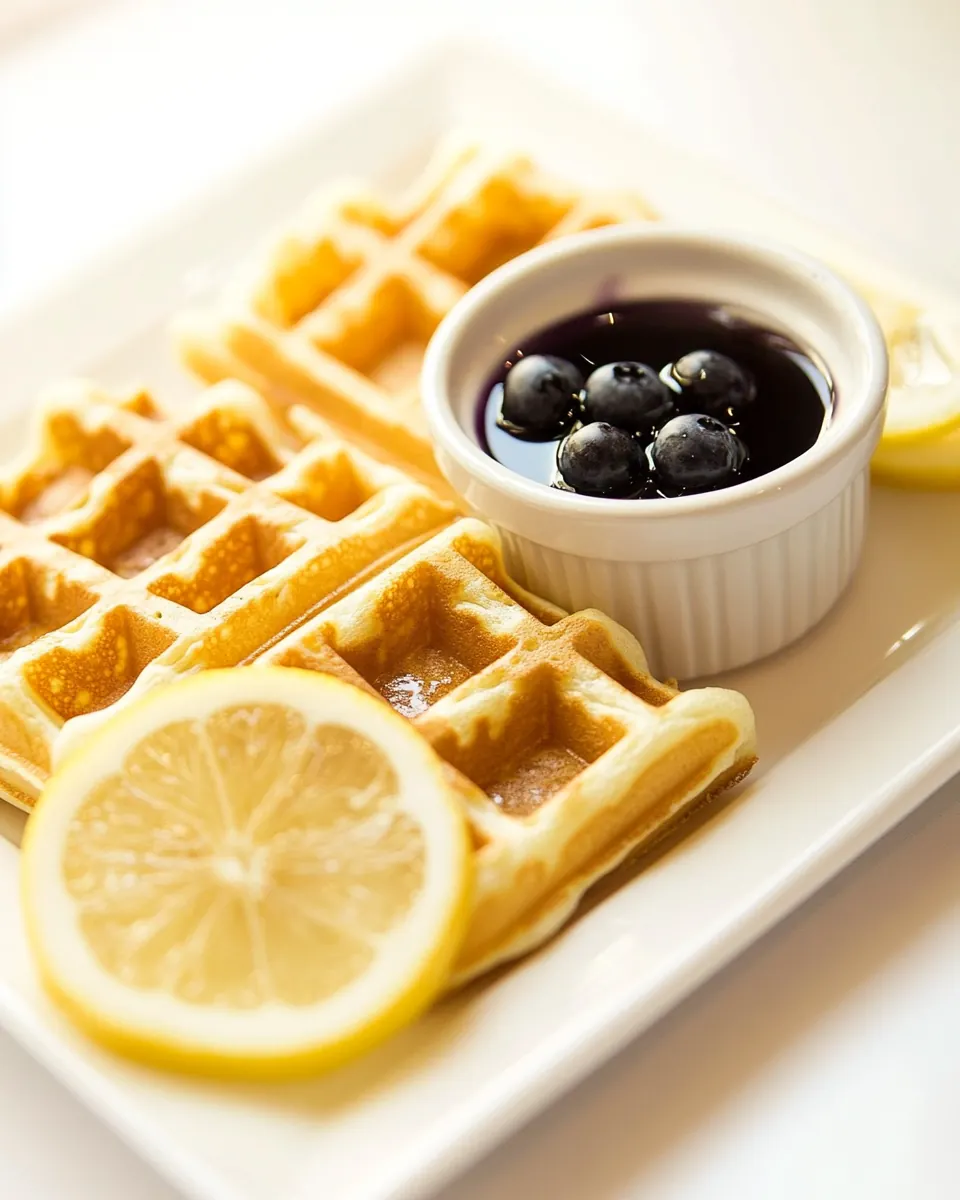 Lemon Belgian Waffles with Blueberry Syrup