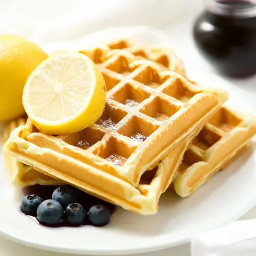 Lemon Belgian Waffles with Blueberry Syrup