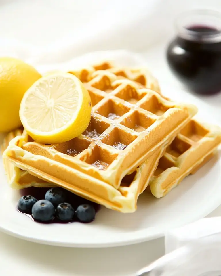 Lemon Belgian Waffles with Blueberry Syrup