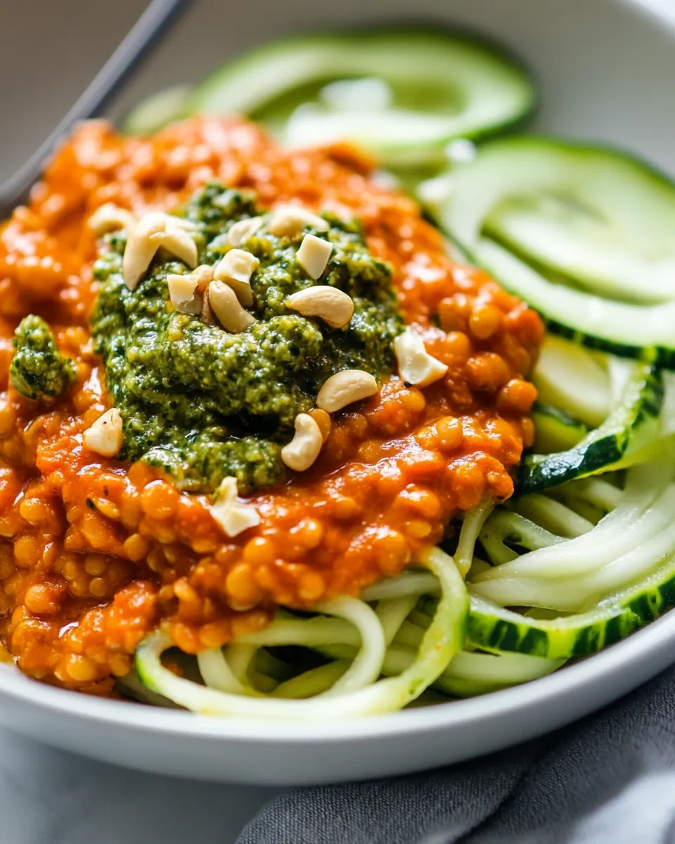 Lentil Coconut Curry With Cashew Cilantro Pesto Cucumber Noodles