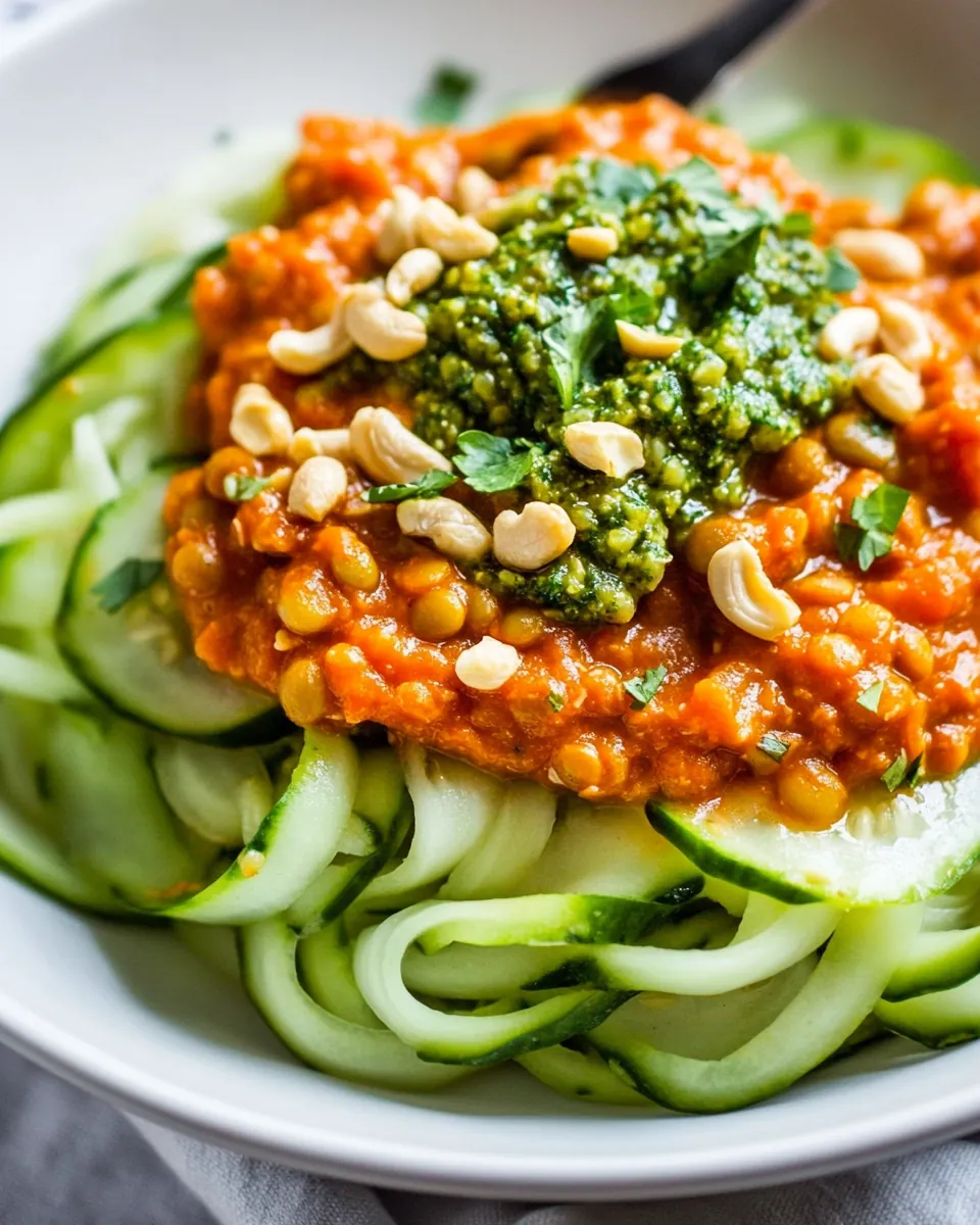 Lentil Coconut Curry With Cashew Cilantro Pesto Cucumber Noodles