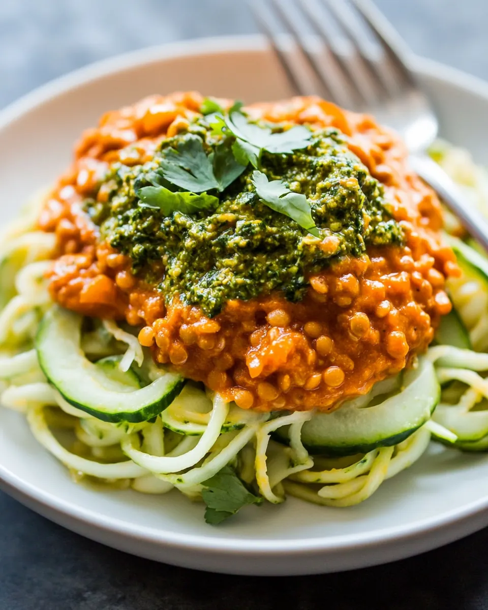 Lentil Coconut Curry With Cashew Cilantro Pesto Cucumber Noodles