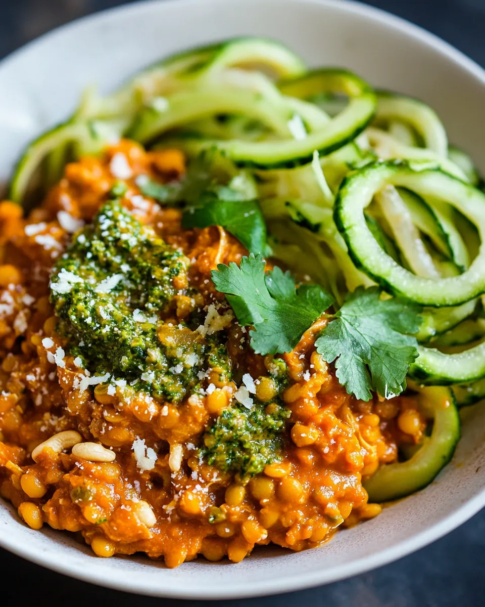 Lentil Coconut Curry With Cashew Cilantro Pesto Cucumber Noodles