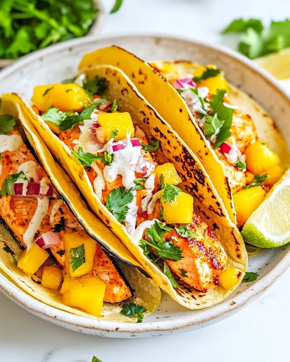 Mango Sriracha Salmon Tacos