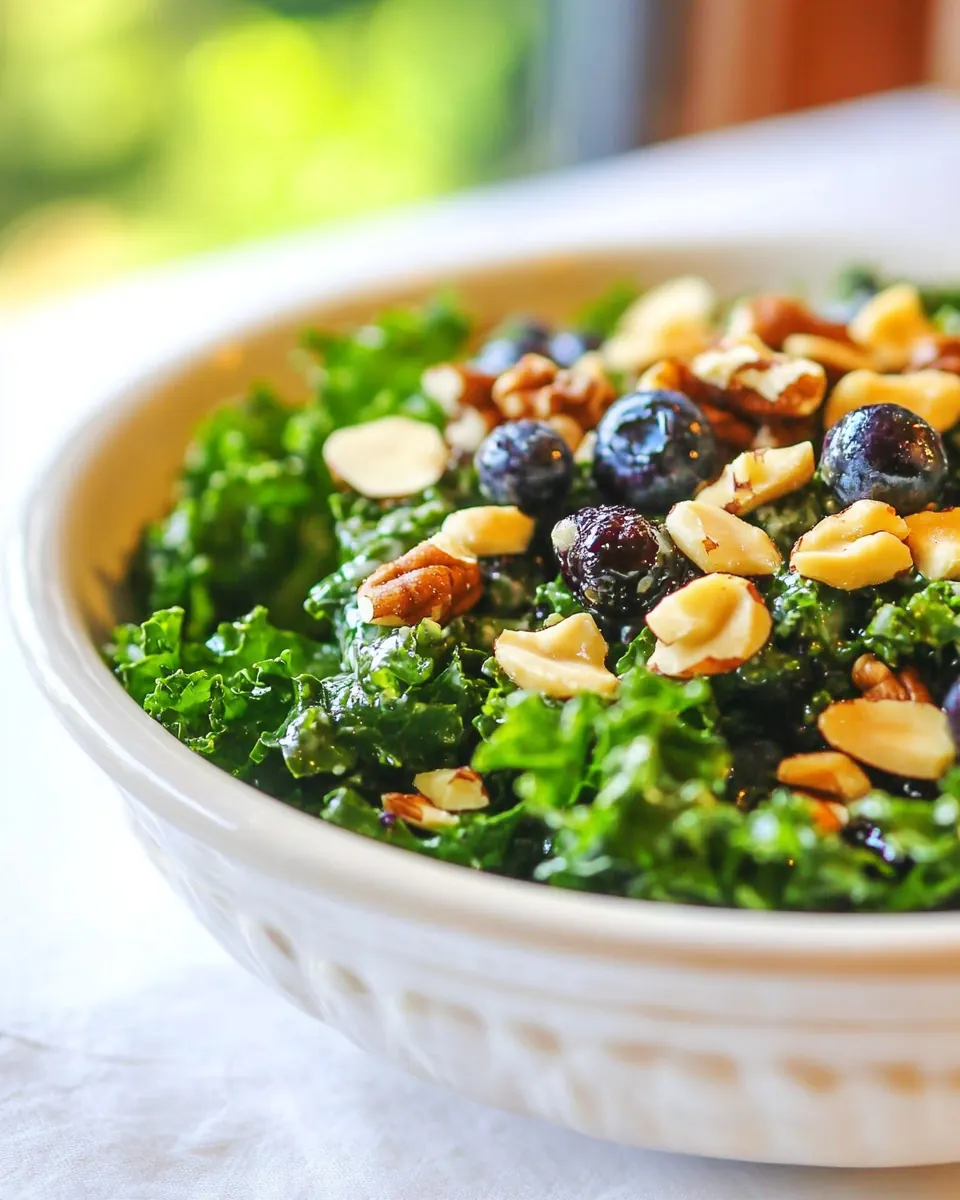 Massaged Kale Salad with Rosemary Walnuts and Blueberry Vinaigrette