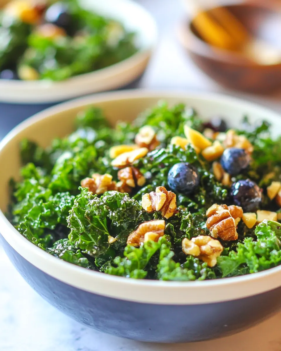 Massaged Kale Salad with Rosemary Walnuts and Blueberry Vinaigrette