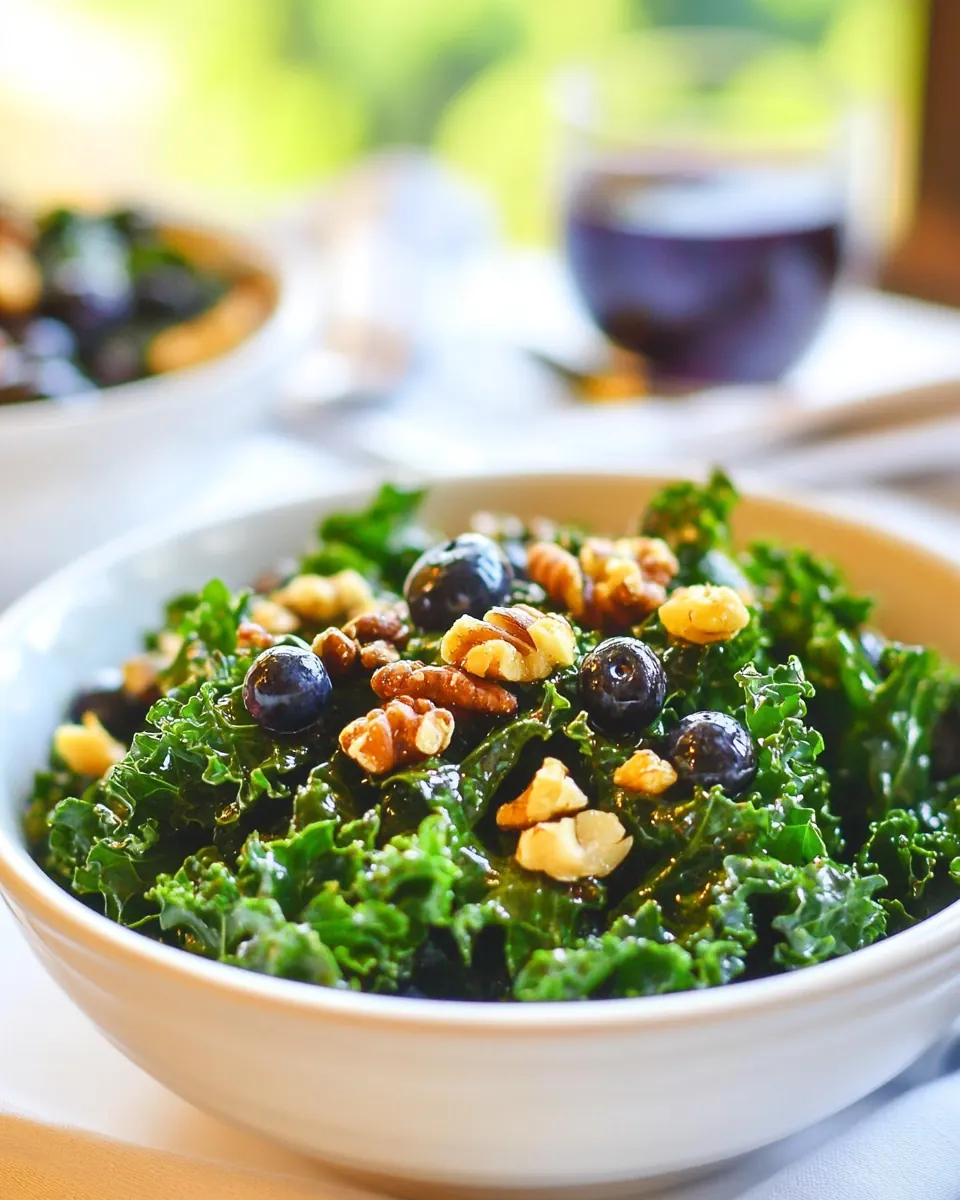 Massaged Kale Salad with Rosemary Walnuts and Blueberry Vinaigrette