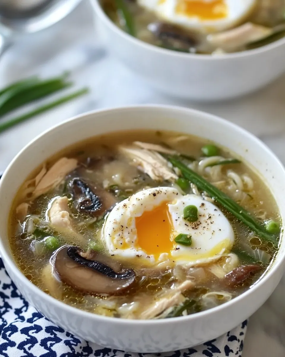 Mushroom Chicken Noodle Soup with Poached Eggs