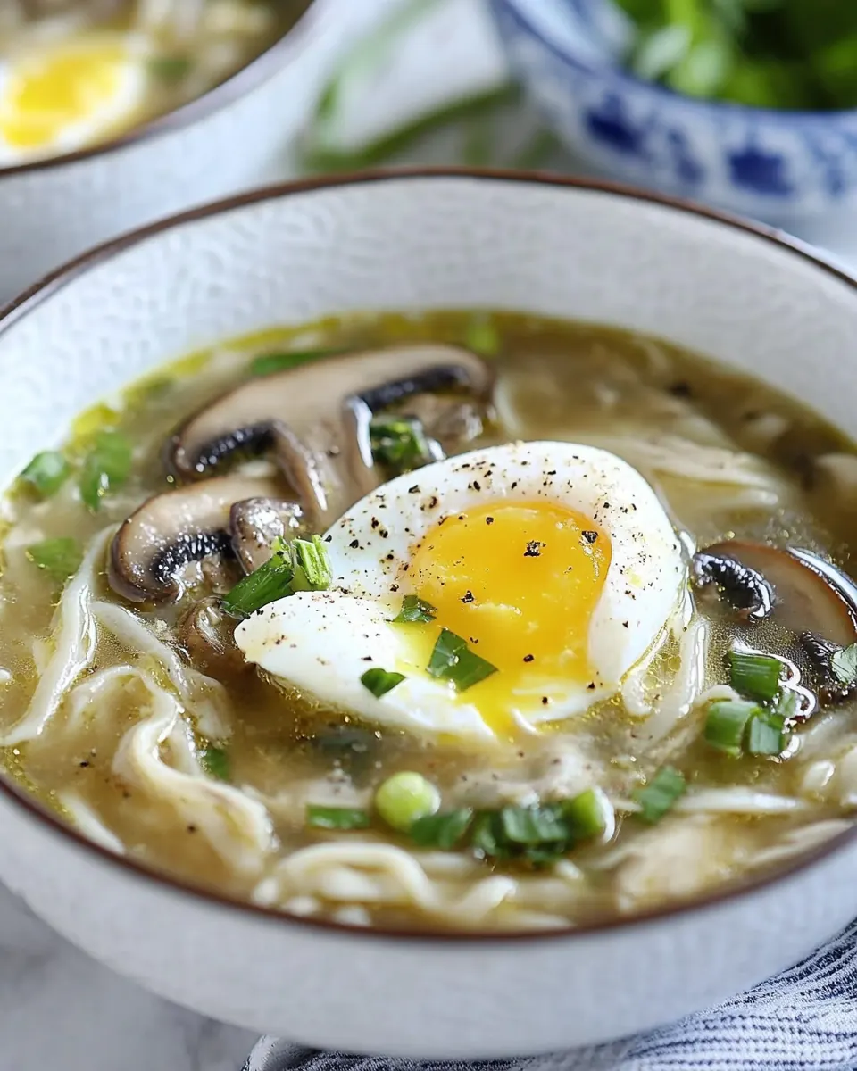 Mushroom Chicken Noodle Soup with Poached Eggs