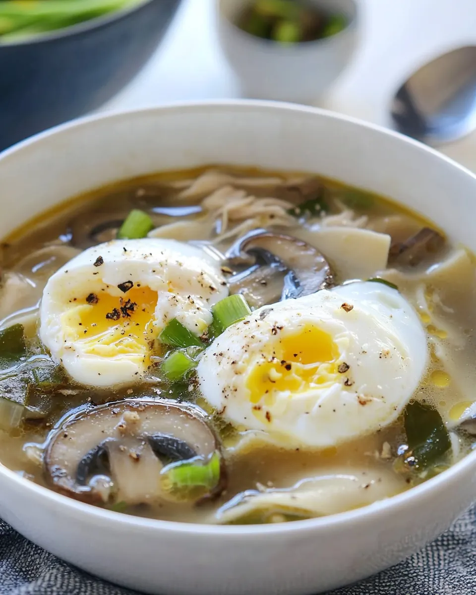 Mushroom Chicken Noodle Soup with Poached Eggs