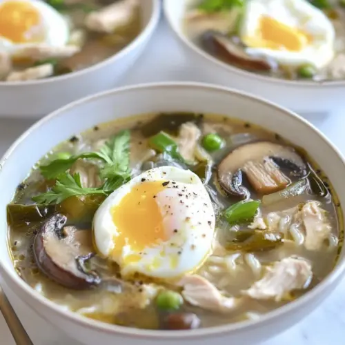 Mushroom Chicken Noodle Soup with Poached Eggs
