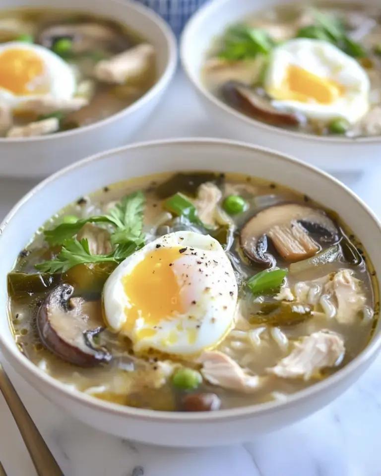 Mushroom Chicken Noodle Soup with Poached Eggs