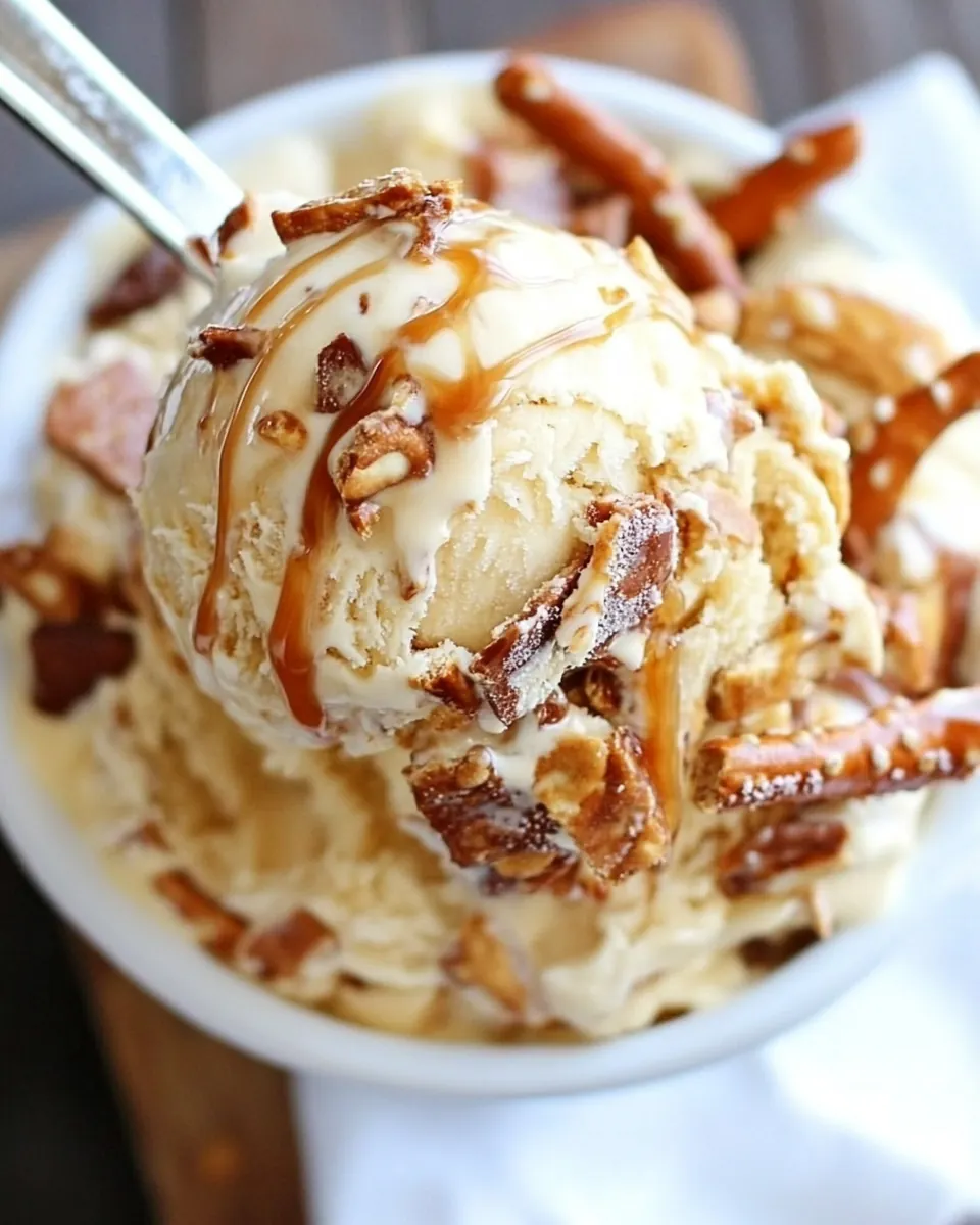 No Churn Salted Caramel Toffee Pretzel Ice Cream