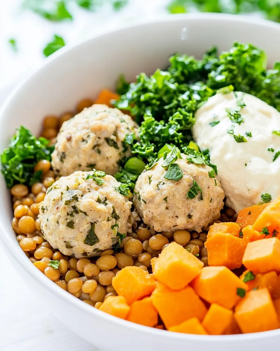 Nourishing Lentil Bowl with Kale and Chicken Meatballs