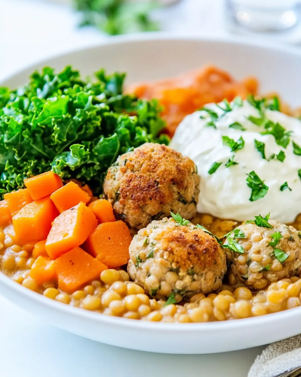 Nourishing Lentil Bowl with Kale and Chicken Meatballs