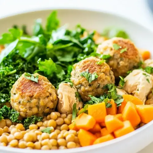 Nourishing Lentil Bowl with Kale and Chicken Meatballs