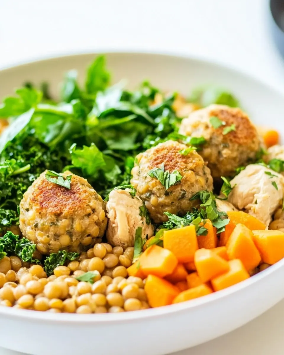 Nourishing Lentil Bowl with Kale and Chicken Meatballs