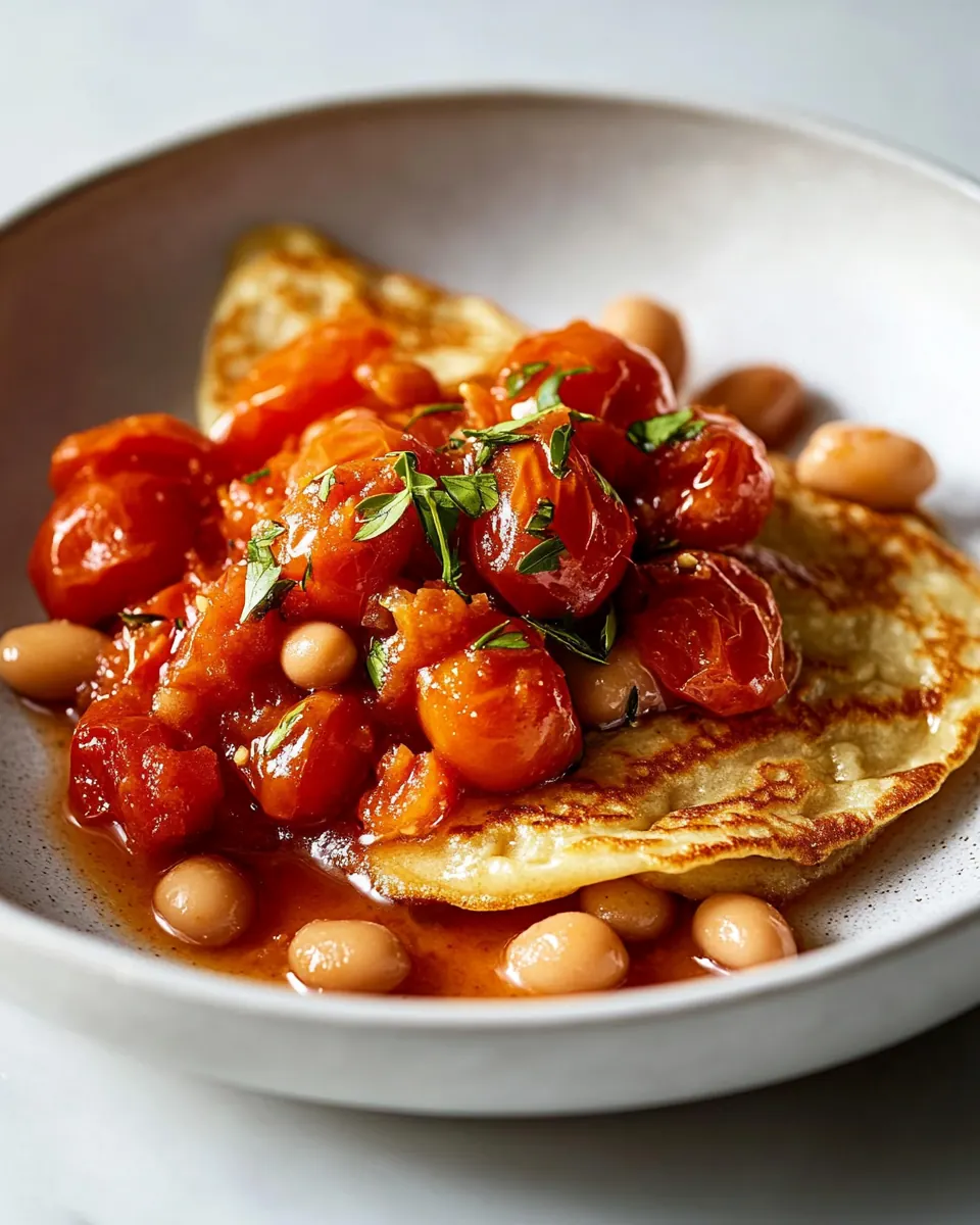 Oat Crepes with Harissa Beans and Tomatoes