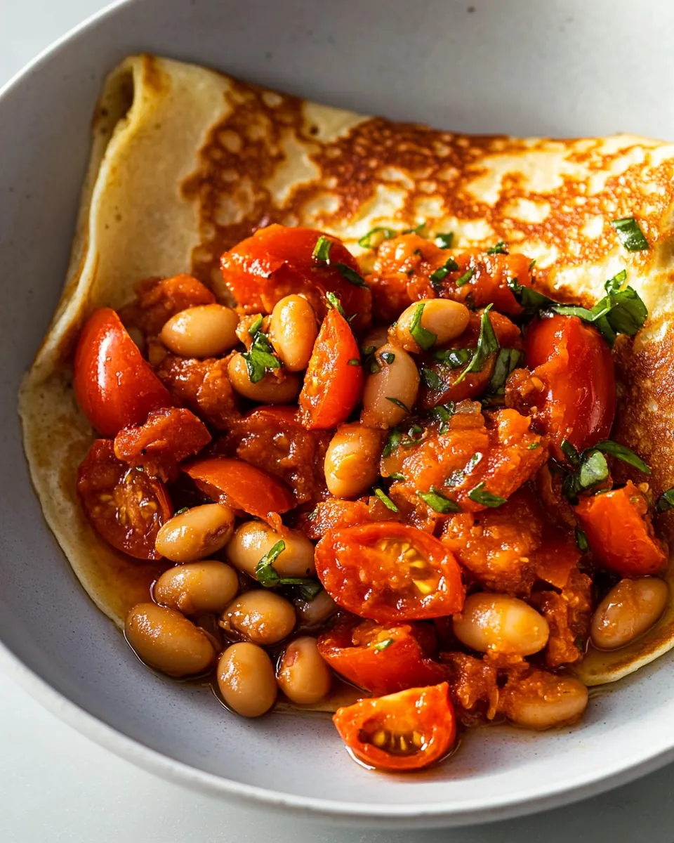 Oat Crepes with Harissa Beans and Tomatoes