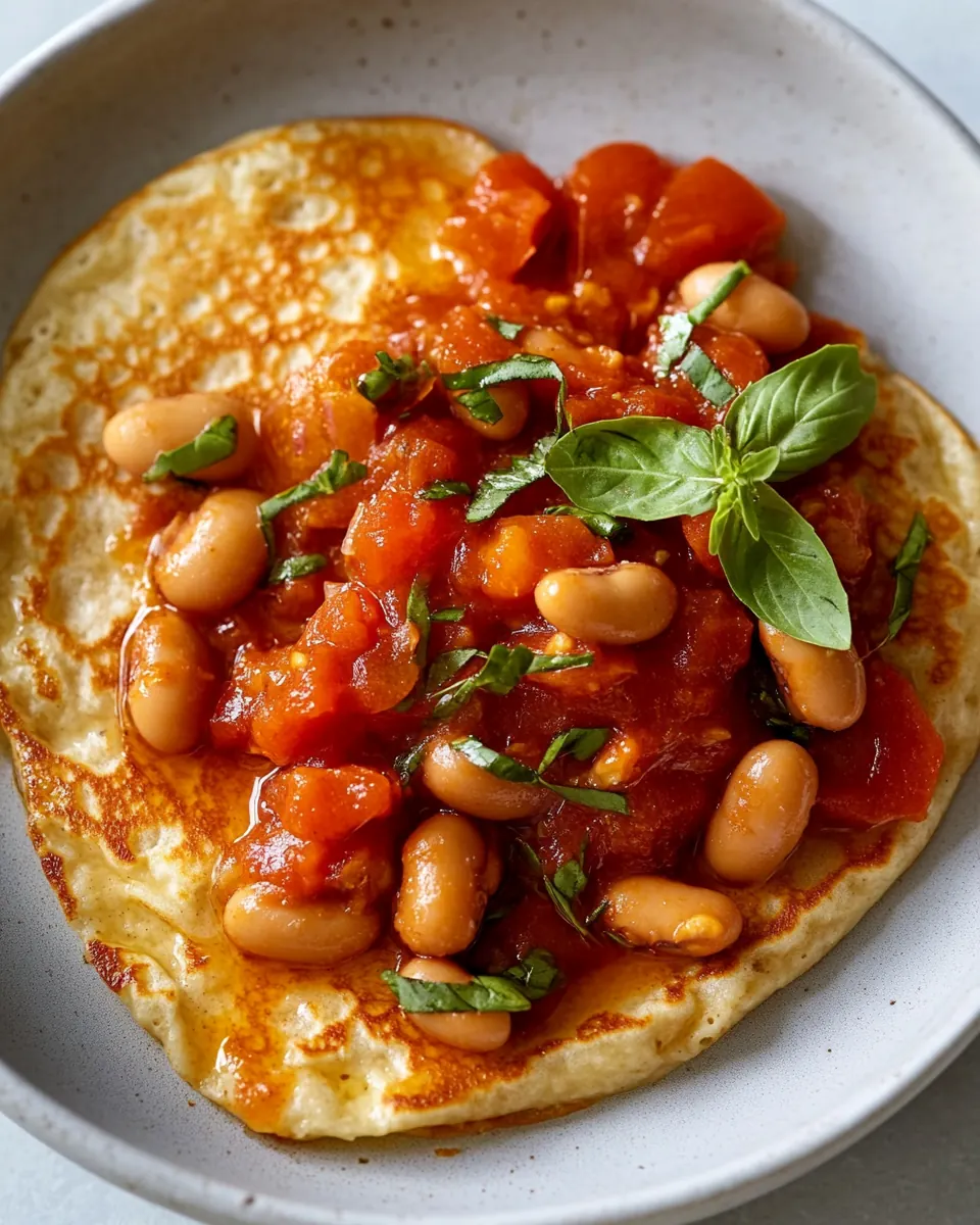 Oat Crepes with Harissa Beans and Tomatoes