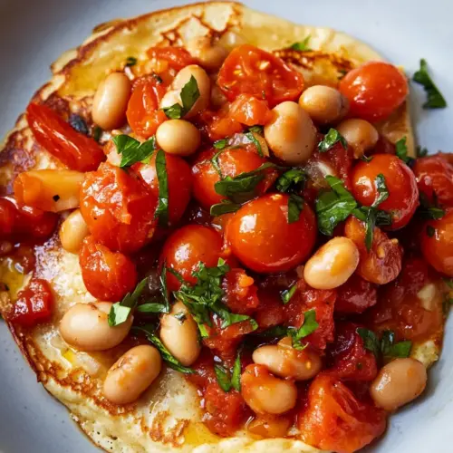 Oat Crepes with Harissa Beans and Tomatoes