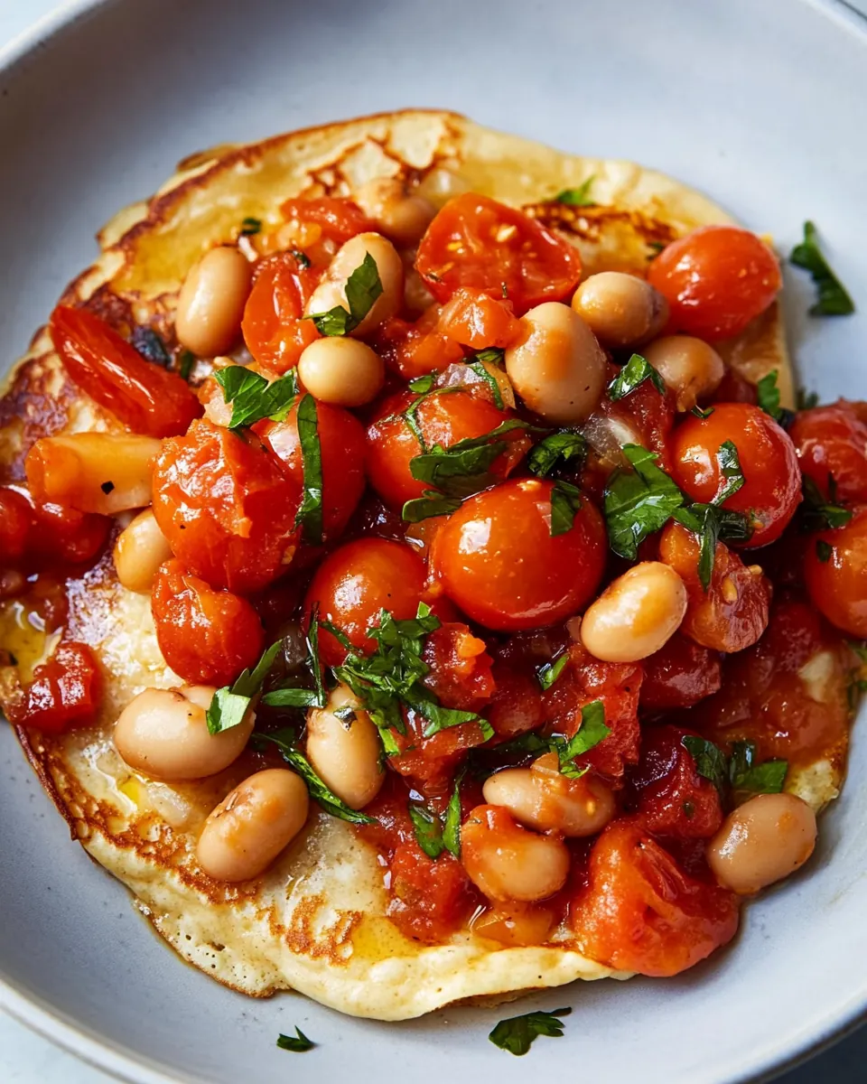 Oat Crepes with Harissa Beans and Tomatoes
