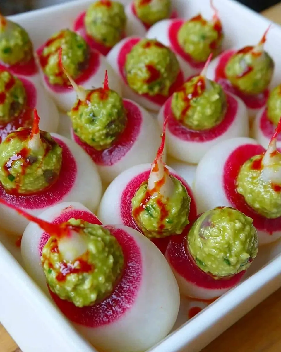 Olive Stuffed Radish Eyeballs with Guacamole