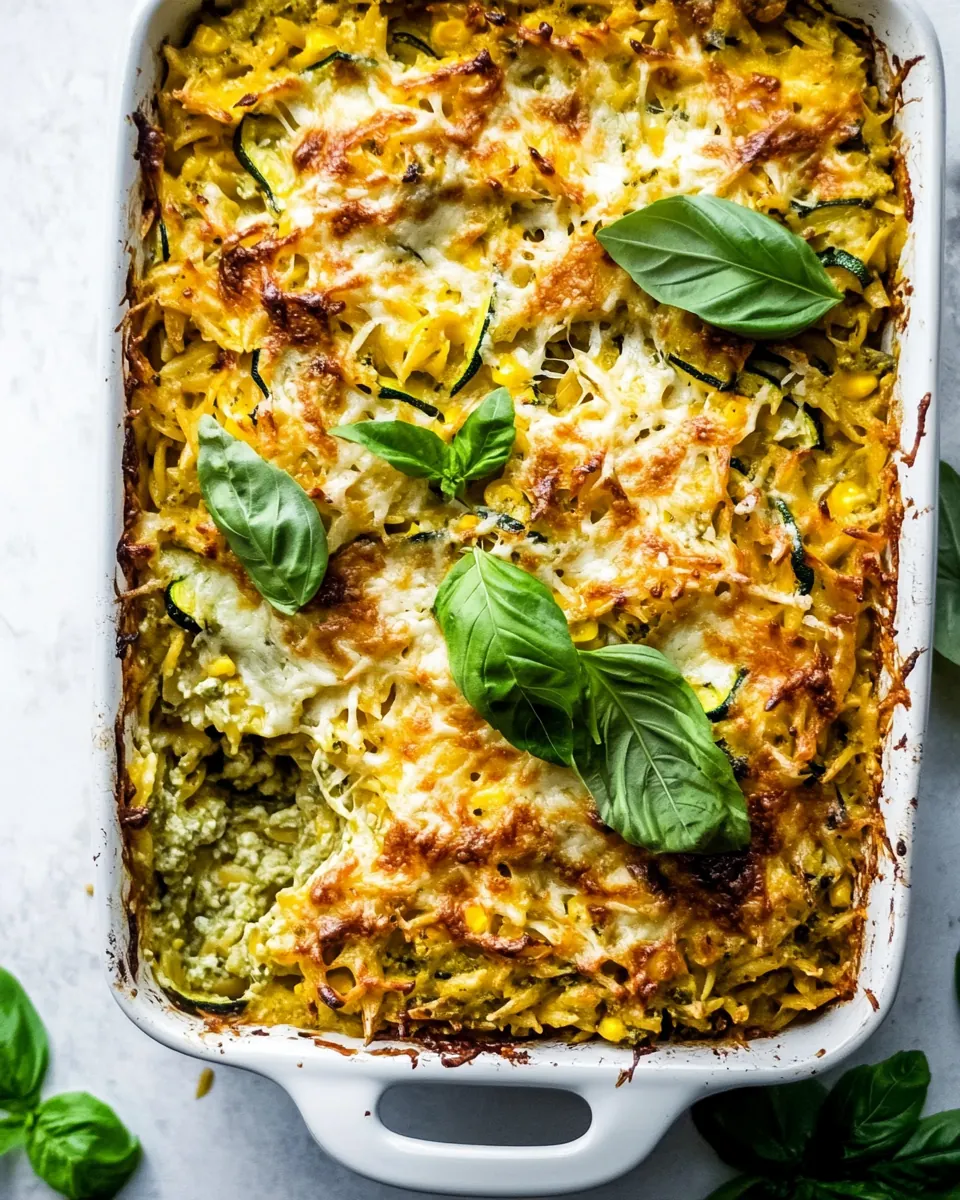 One Pan Corn and Zucchini Pesto Orzo Casserole