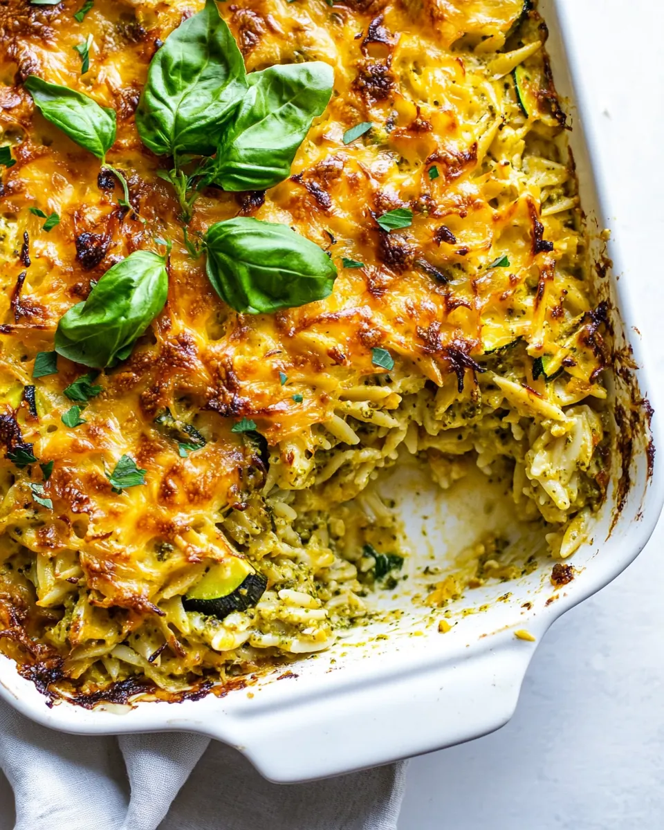 One Pan Corn and Zucchini Pesto Orzo Casserole