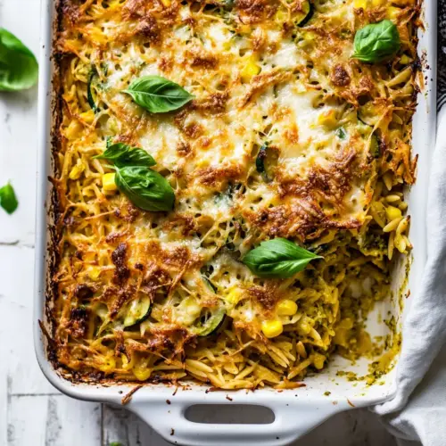 One Pan Corn and Zucchini Pesto Orzo Casserole