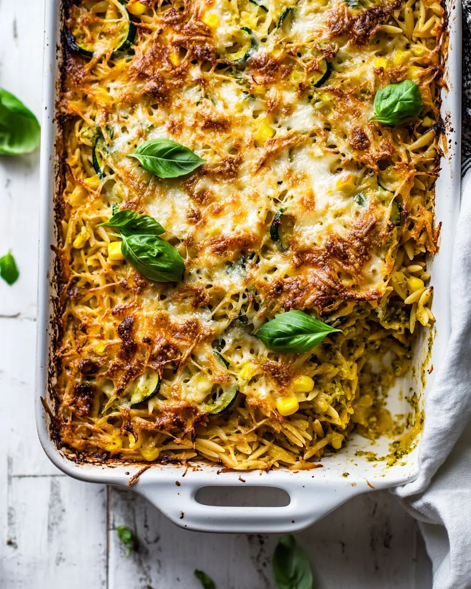 One Pan Corn and Zucchini Pesto Orzo Casserole