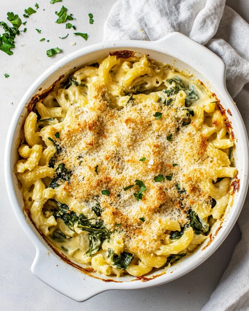 One Pot Baked Spinach and Artichoke Mac and Cheese