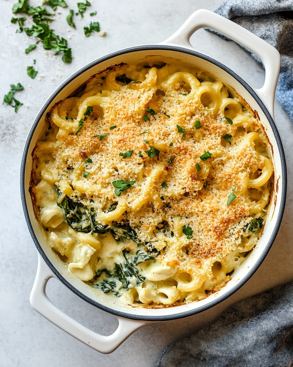 One Pot Baked Spinach and Artichoke Mac and Cheese