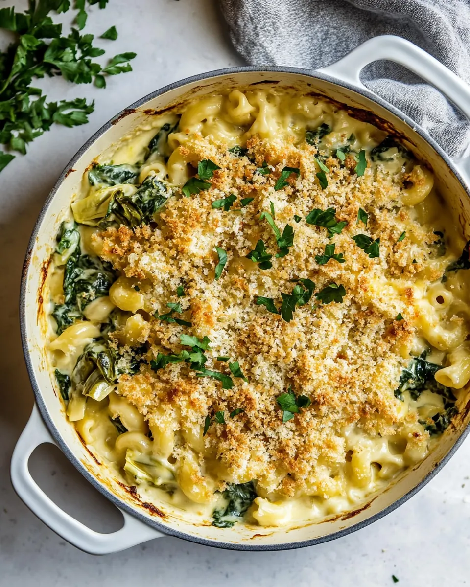One Pot Baked Spinach and Artichoke Mac and Cheese