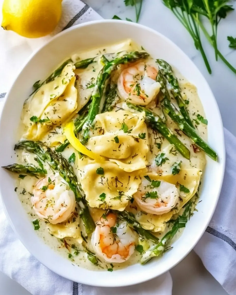 One Pot Lemon Garlic Cream Ravioli with Shrimp and Asparagus