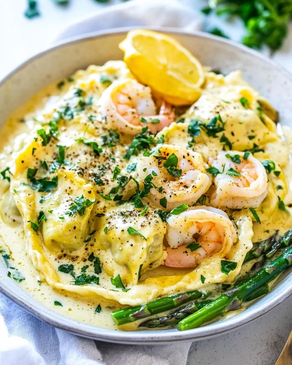 One Pot Lemon Garlic Cream Ravioli with Shrimp and Asparagus