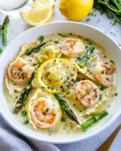 One Pot Lemon Garlic Cream Ravioli with Shrimp and Asparagus