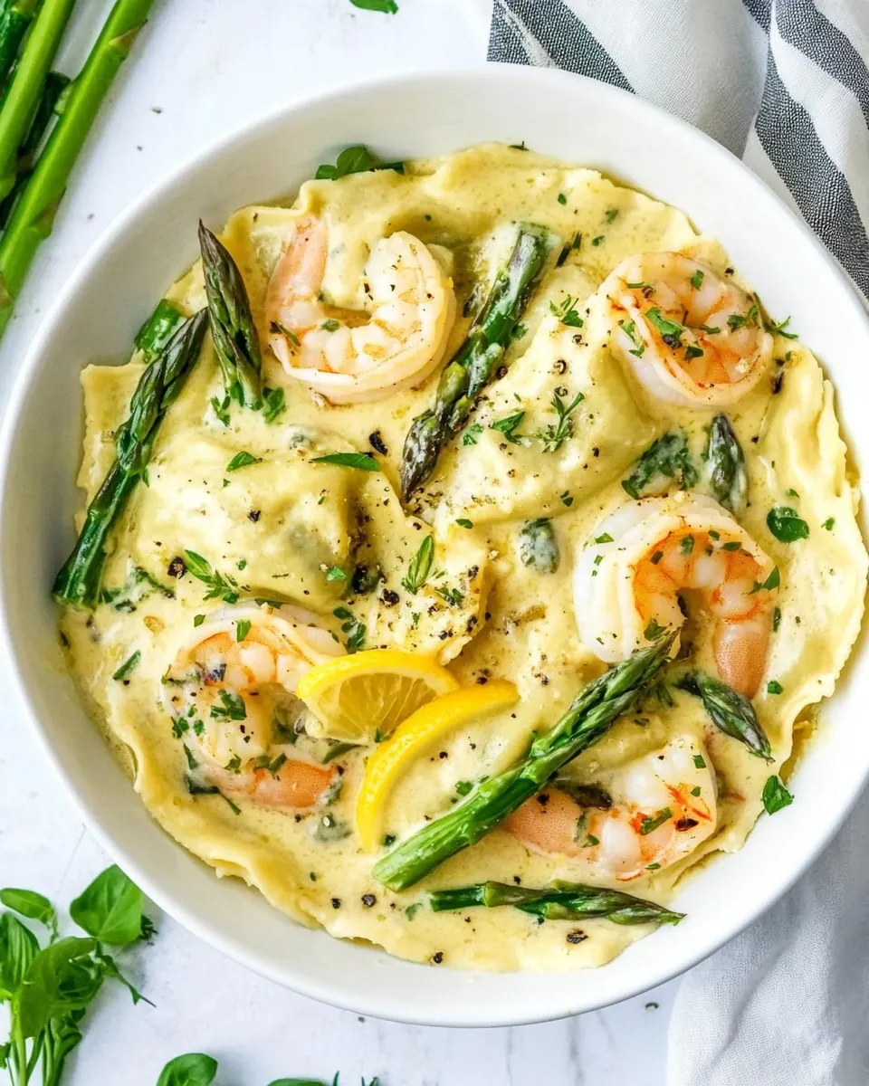 One Pot Lemon Garlic Cream Ravioli with Shrimp and Asparagus