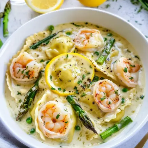 One Pot Lemon Garlic Cream Ravioli with Shrimp and Asparagus
