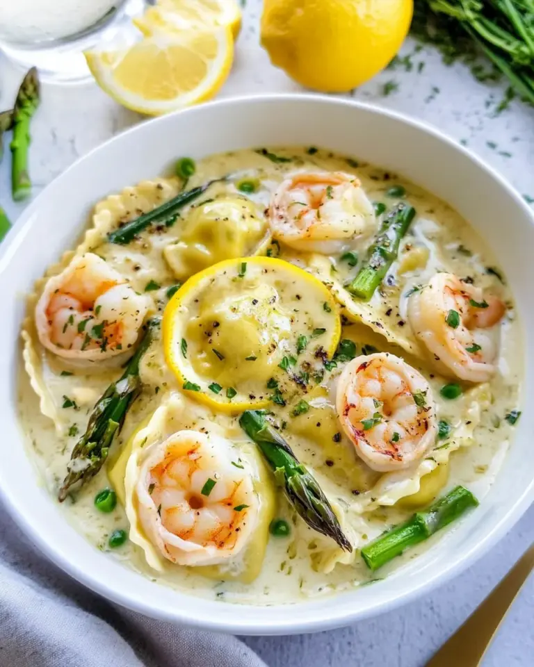 One Pot Lemon Garlic Cream Ravioli with Shrimp and Asparagus