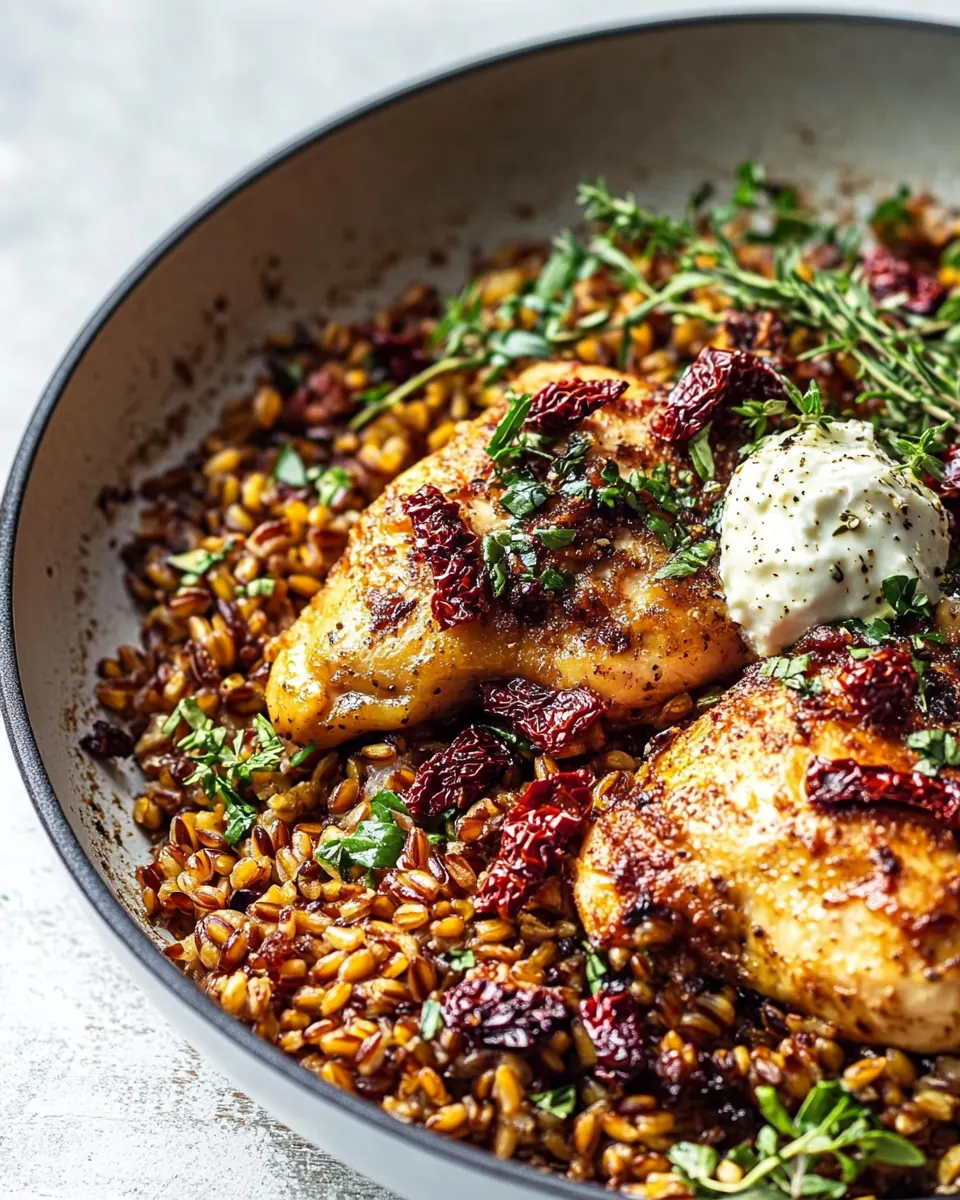 One Skillet Greek Sun Dried Tomato Chicken and Farro