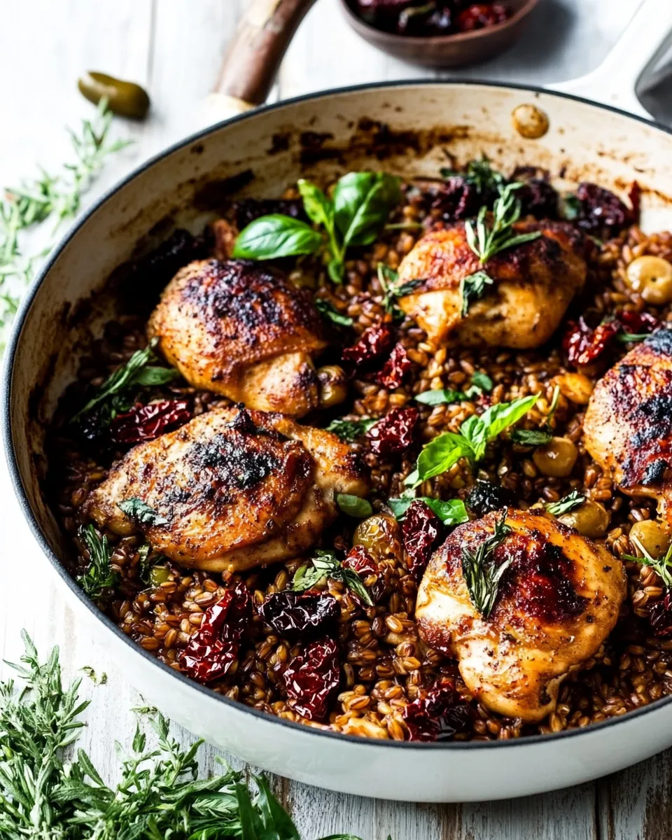 One Skillet Greek Sun Dried Tomato Chicken and Farro