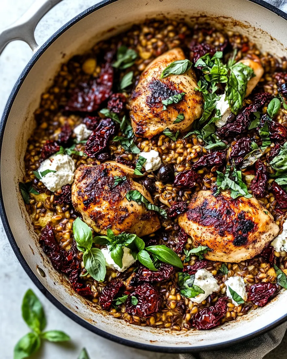 One Skillet Greek Sun Dried Tomato Chicken and Farro