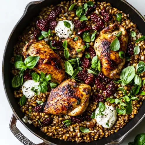 One Skillet Greek Sun Dried Tomato Chicken and Farro