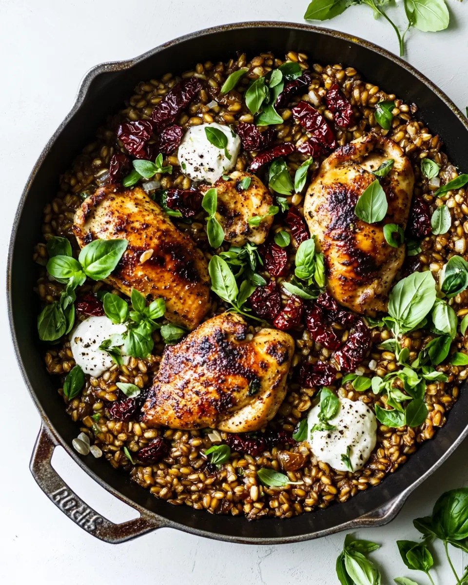 One Skillet Greek Sun Dried Tomato Chicken and Farro
