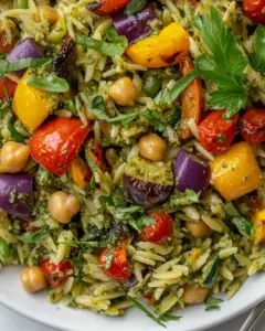 Pesto Orzo Salad with Roasted Vegetables Chickpeas