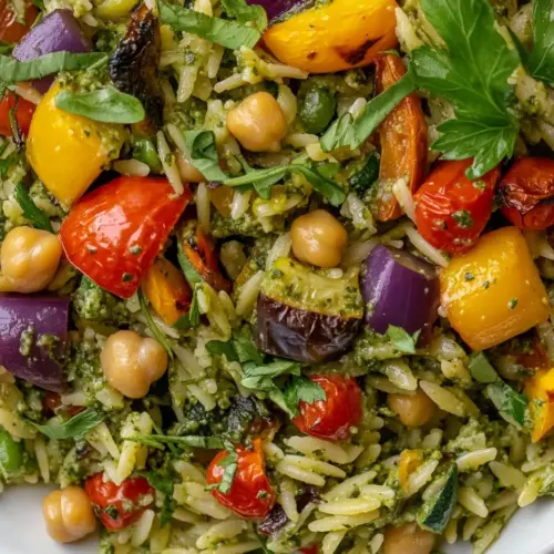 Pesto Orzo Salad with Roasted Vegetables Chickpeas