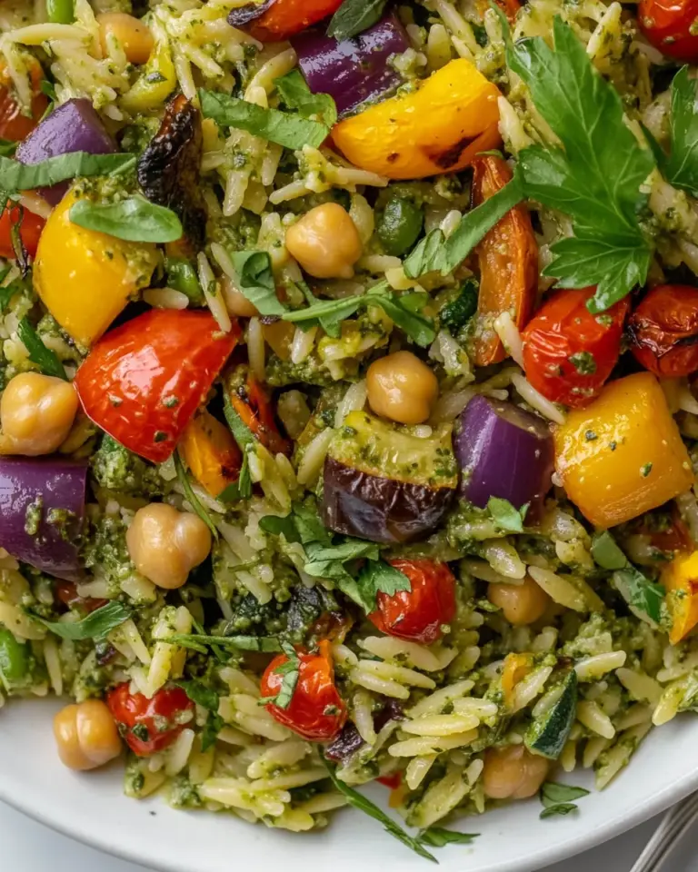 Pesto Orzo Salad with Roasted Vegetables Chickpeas