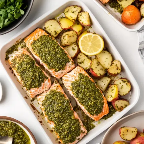 Pesto Salmon Sheet Pan Dinner