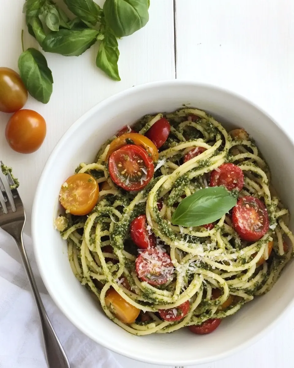 Pesto Spaghetti with Heirloom Tomatoes